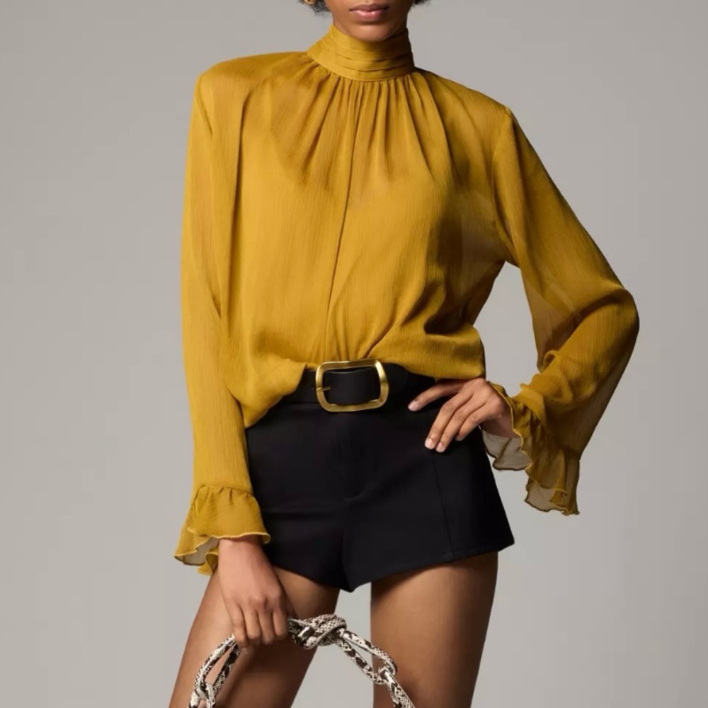 NWT Anthropologie Long-Sleeve High-Neck Sheer Blouse Mustard Yellow